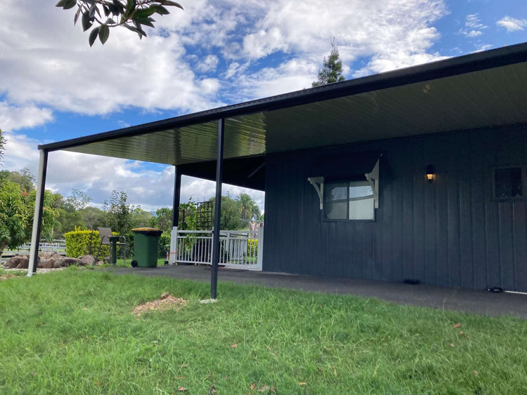 Insulated diy patio or carport kit attached to a brick masonry wall - Australian outdoor living area