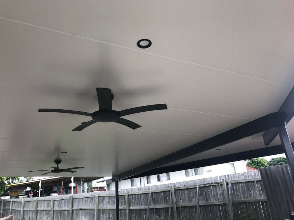 100mm Insulated Patio Carport Attach Timber Fascia with modern ceiling fans.