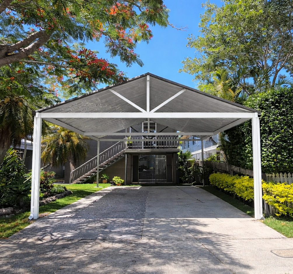 Large freestanding gable carport with a white steel frame and V-line metal roofing, providing wide-span vehicle coverage and a modern finish.