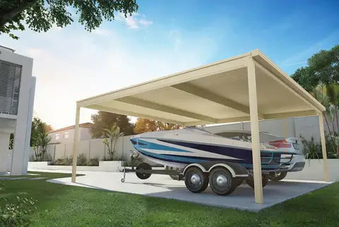 A stylish DIY carport sheltering a boat, highlighting outdoor protection and vehicle safety.