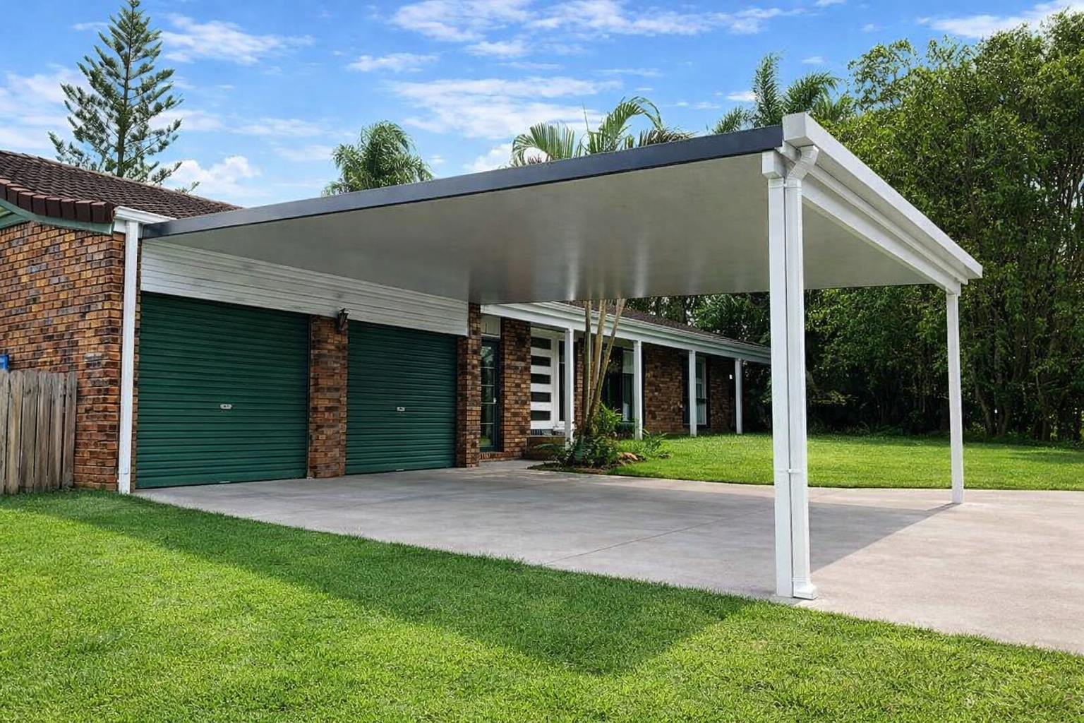 Modern white flat-roof carport attached to a brick house, covering a double driveway