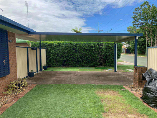 Free-standing single-skin patio/carport, expertly crafted for lasting durability, offering reliable vehicle protection while enhancing your home’s style and creating a versatile outdoor space for entertaining or relaxing.