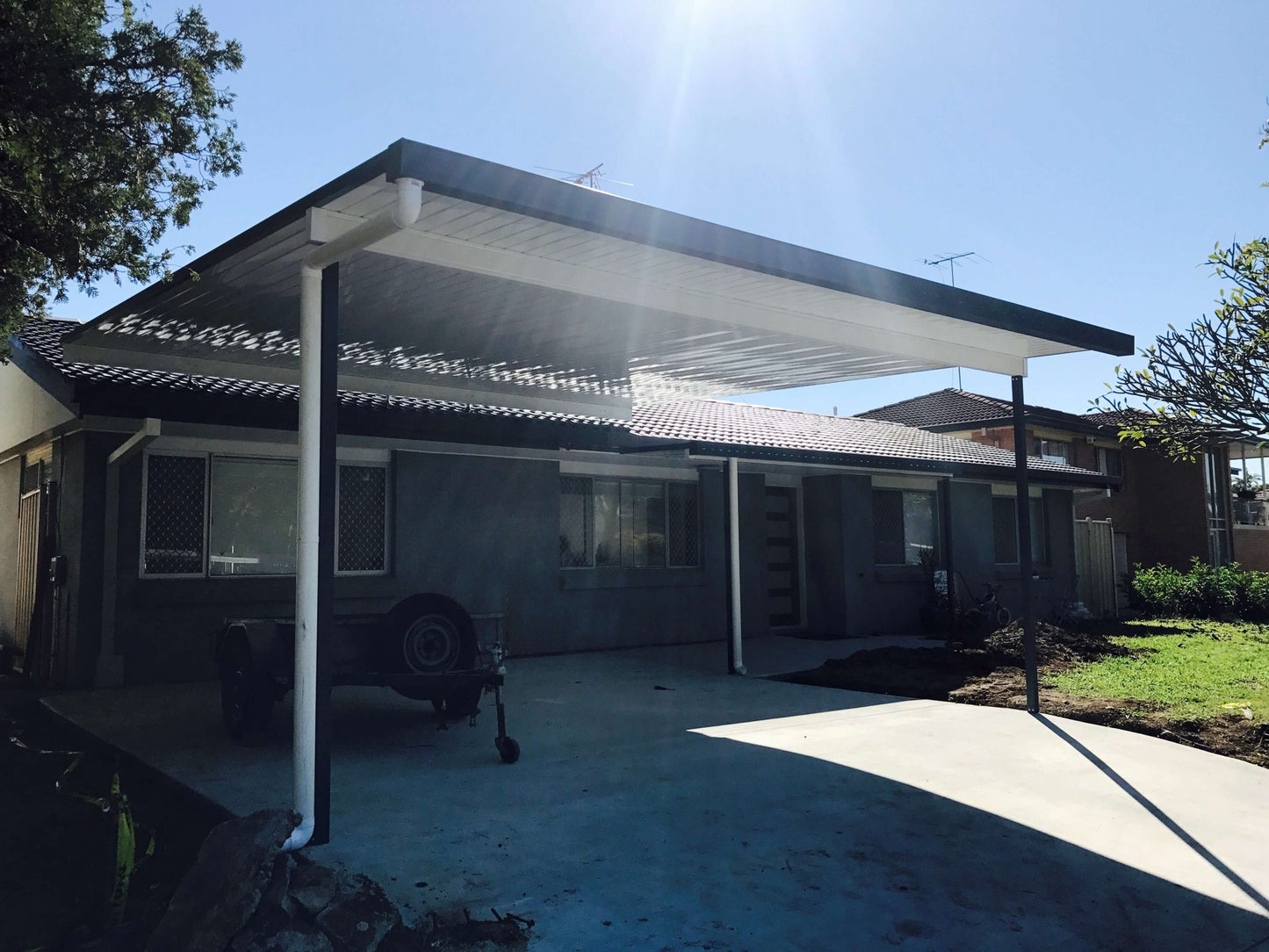 V-Line Single Skin Patio/Carport Flyover 3.660 x 6.0m with 900mm overhang