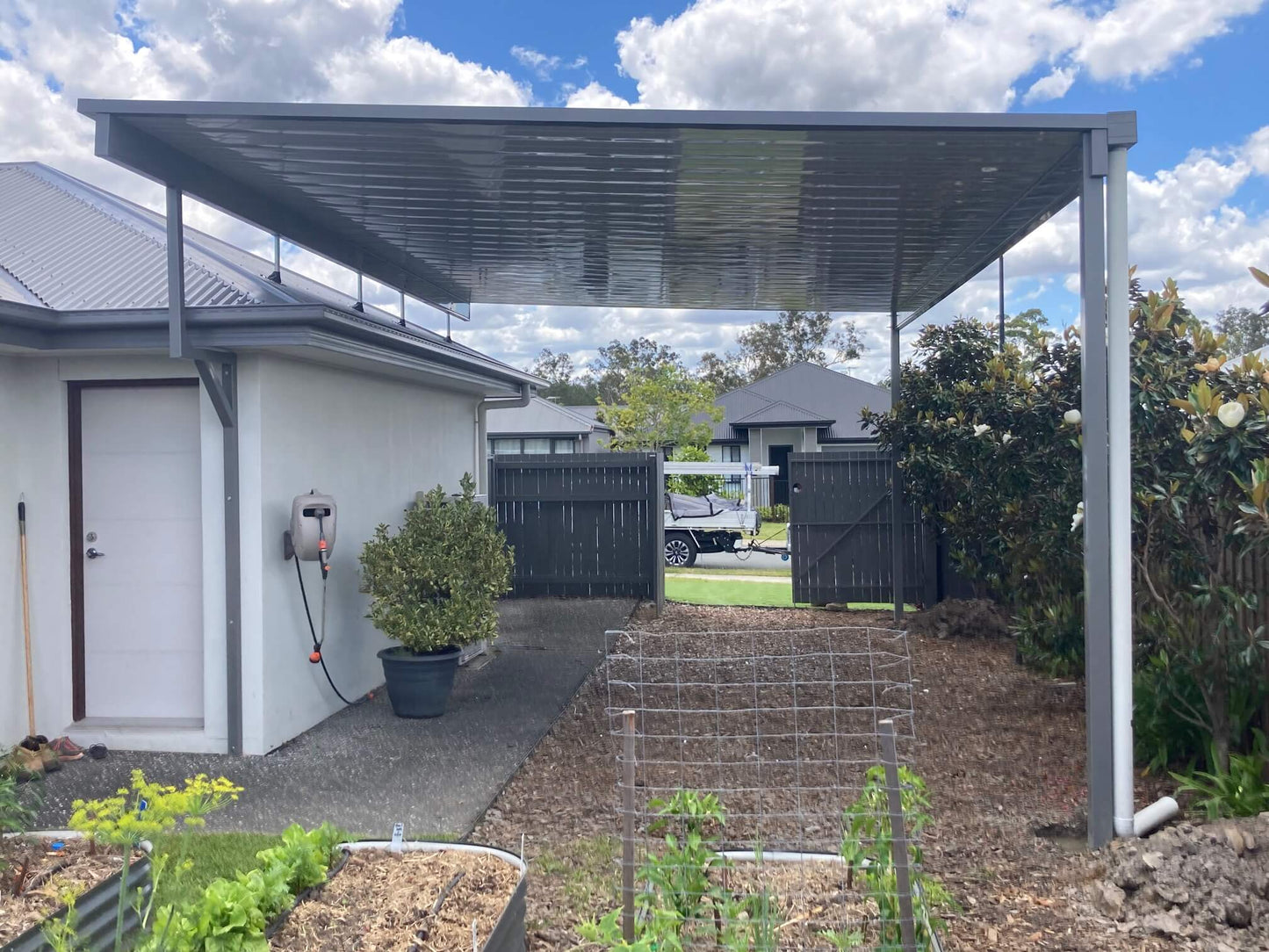 V-Line Single Skin Patio/Carport Flyover 6 x 6.0m with 900mm overhang