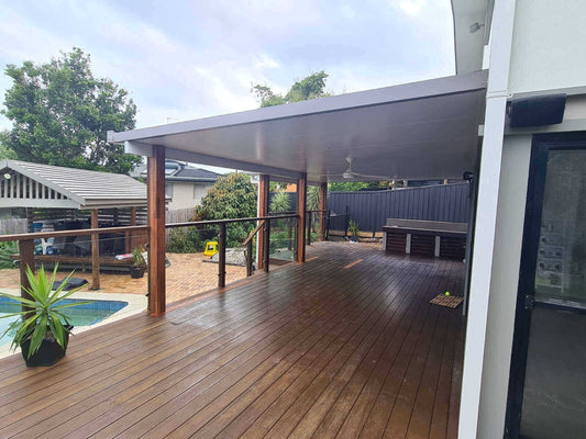 Spacious insulated patio with timber posts overlooking a pool area, ideal for relaxing and entertaining.