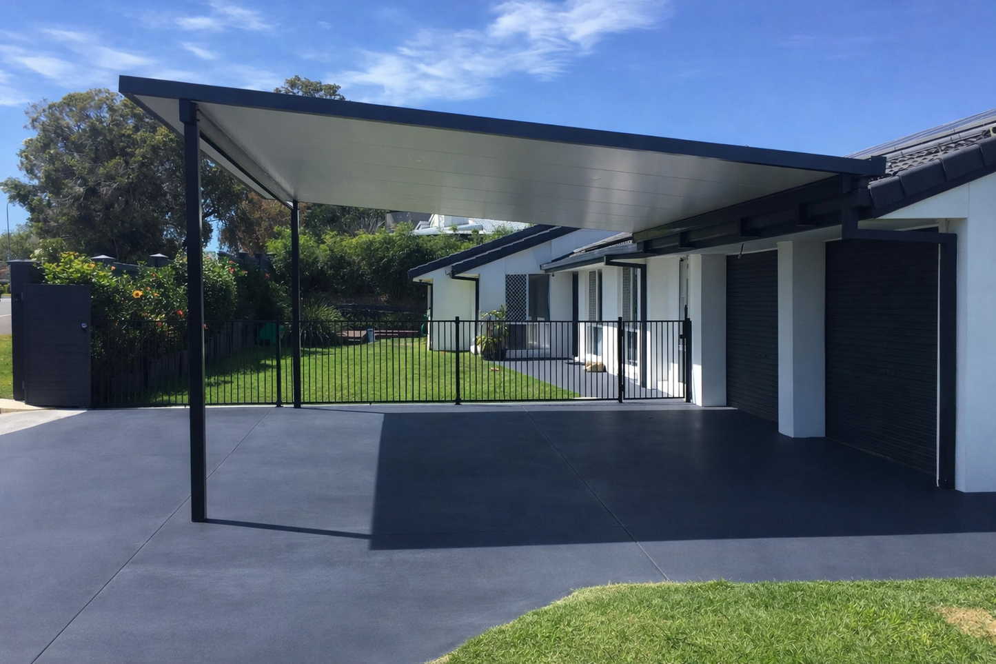 Modern flat-roof insulated carport with black steel posts and smooth concrete driveway attached to home.