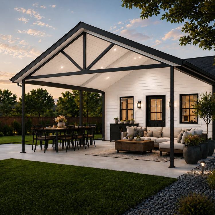"White freestanding insulated diy car port kit with steel posts on a residential driveway"