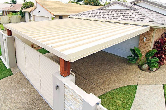 Fascia de metal para patio o cochera de una sola capa V-Line de 5 x 6,0 m con alero de 900 mm