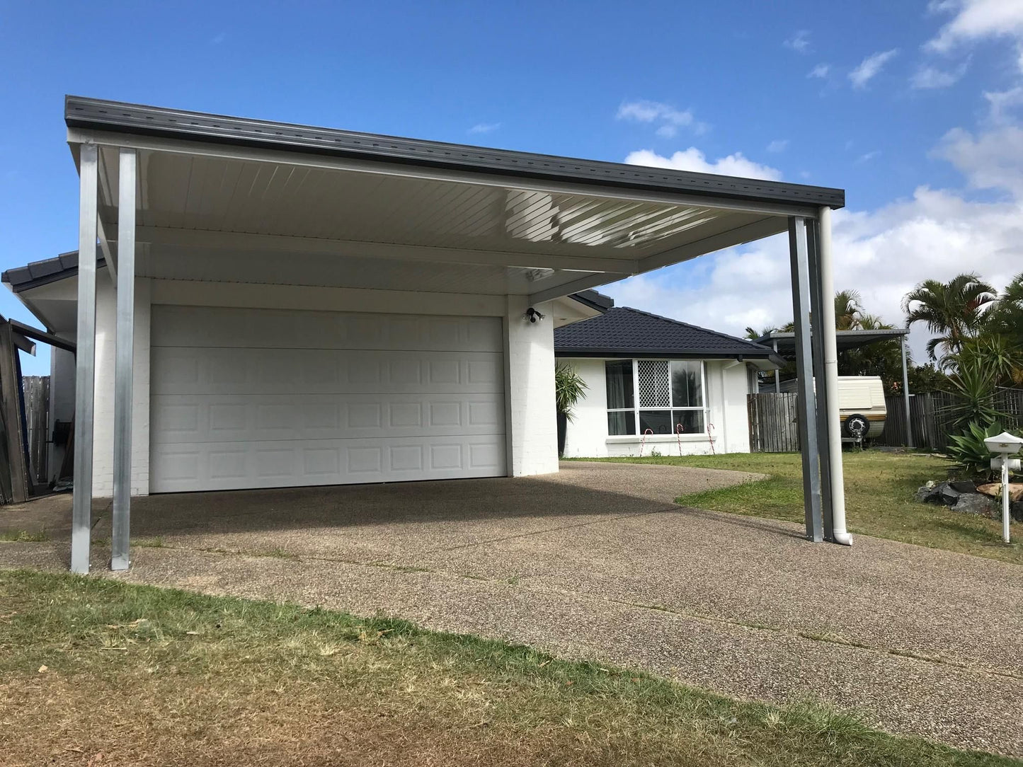 Attached V-Line Single Skin Patio/Carport Timber Fascia 8 x 6.0m with 900mm overhang