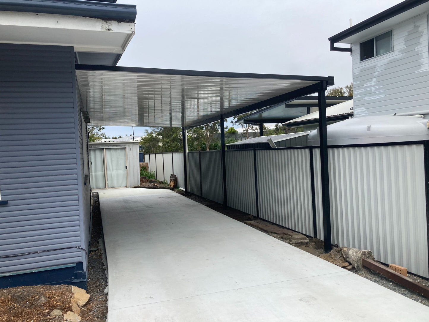 Attached V-Line Single Skin Patio/Carport Timber Wall 6 x 6.0m with 900mm overhang